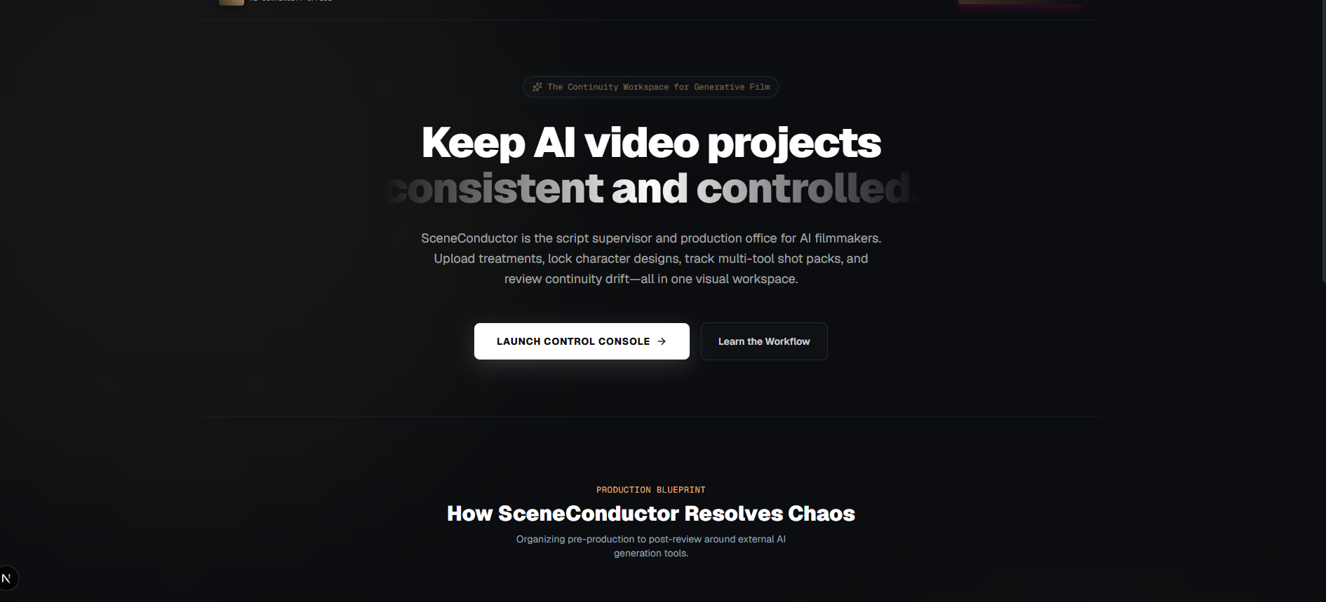 Frontier Mindworks SceneConductor workspace interface planning scenes and maintaining visual character continuity